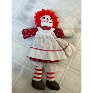 Raggedy Ann Doll Vintage 1970s Handmade Embroidered Face Red Heart Dress 11"